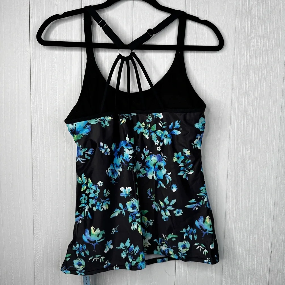 Yonique Black and Blue Floral Tankini & Shorts Set